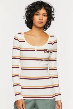 Forever 21 Damen Gestreiftes 93 Patch Henley Baby T-Shirt Creme/Mehrfarbig Forever 21