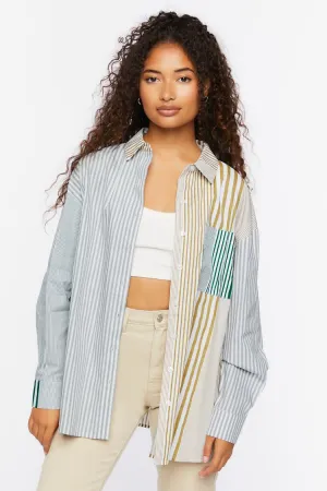 Forever 21 Damen Gestreiftes Aufbereitetes Poplin-Hemd Grün/Mehrfarbig Forever 21