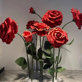 Giant red rose on stand set of 3 realistic flower bouquet  