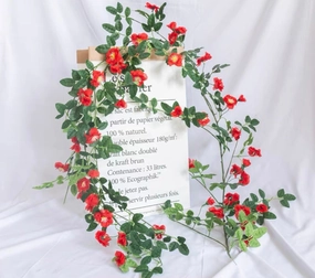 Green leaf Garland with red flower wedding greenery 2.2m realistic flower bouquet  