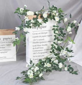Green leaf Garland with white flower wedding greenery 2.2m artificial flower bouquet  