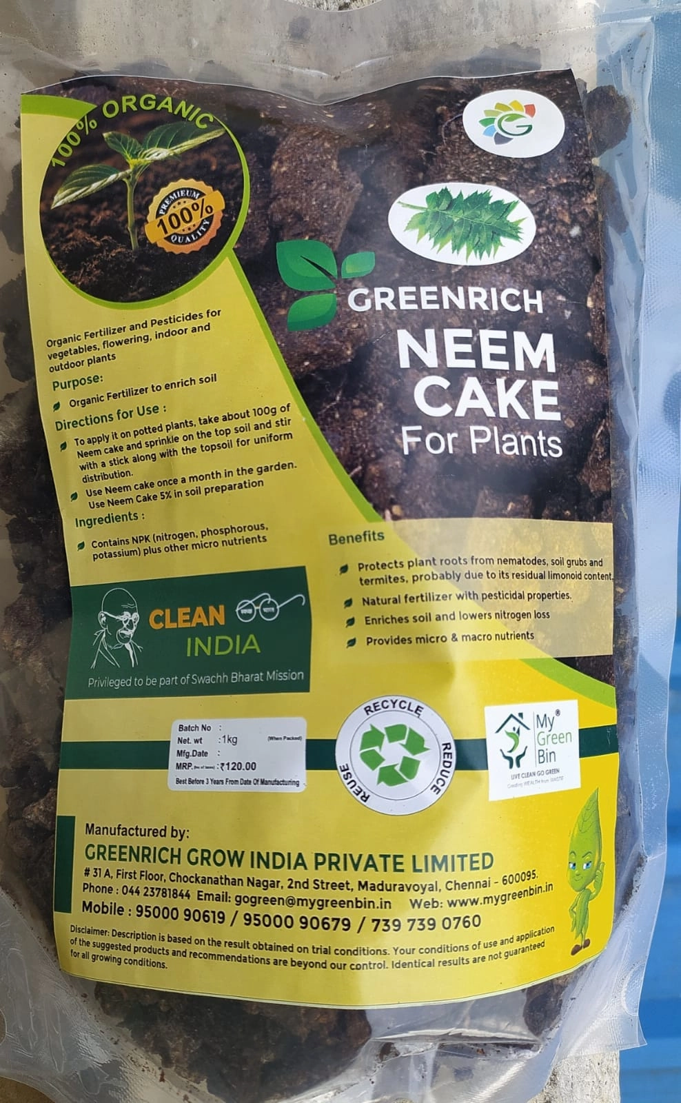 Greenrich Neem Cake (1 Kg),potted plant decor