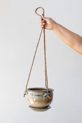 Hanging Planter Ivory & Iron Glaze 6",indoor flower container