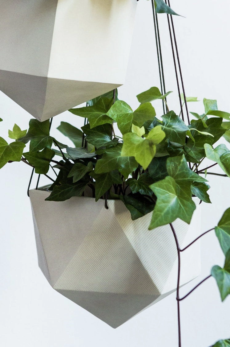 Hanging Planter Linea Carved Lines White Large