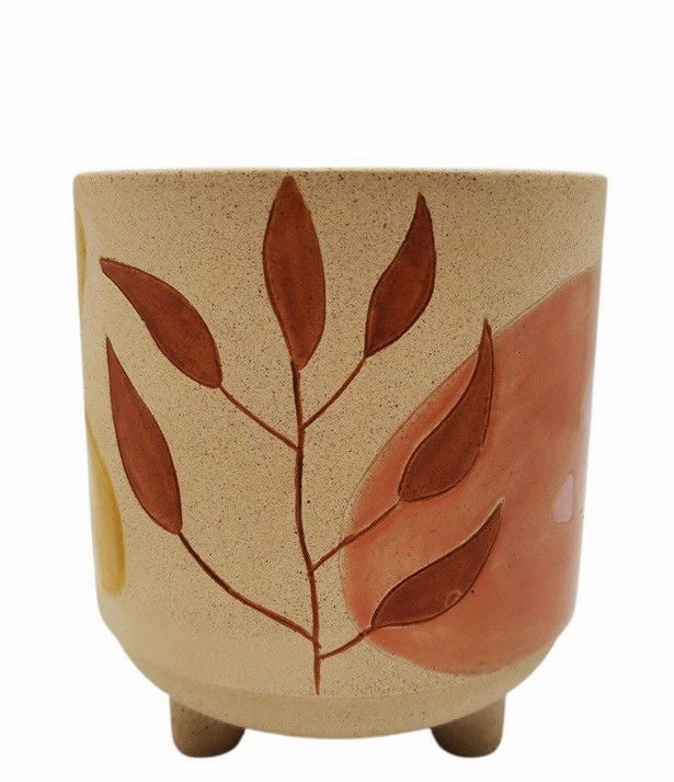 Haven Leaves Planter with Legs Pink & Green,terracotta plant pot