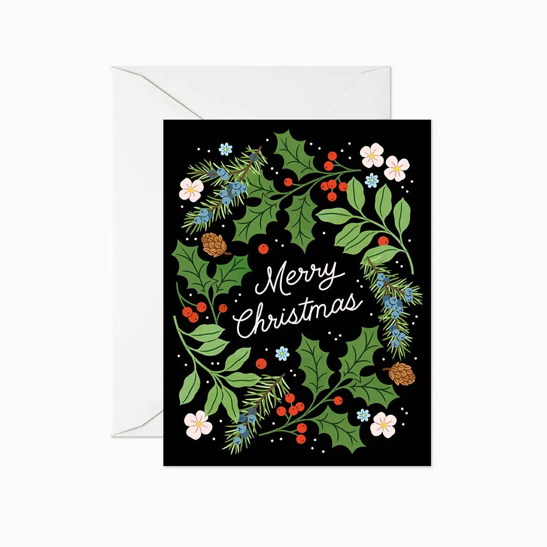 Linden Paper Co. - Merry Christmas Wreath Card,faux bloom stem 