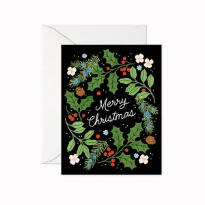 Linden Paper Co. - Merry Christmas Wreath Card,faux bloom stem 