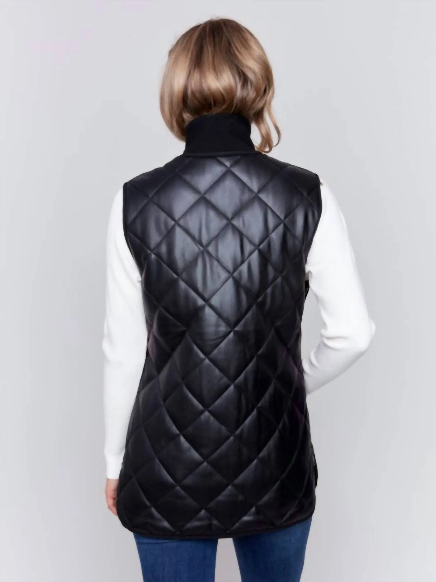Lange Stepp-Fauxleder-Weste in Schwarz
