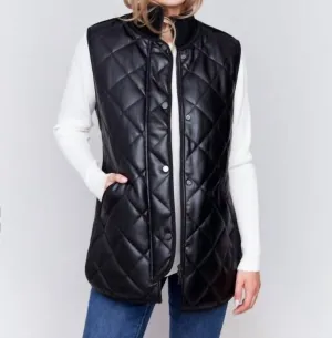 Lange Stepp-Fauxleder-Weste in Schwarz