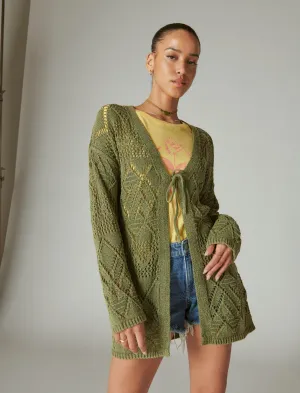 Lucky Brand Crochet Strickjacke mit Bindegürtel und 3/4-Ärmeln, Vierblättriges Kleeblatt Acid Wash Lucky Brand