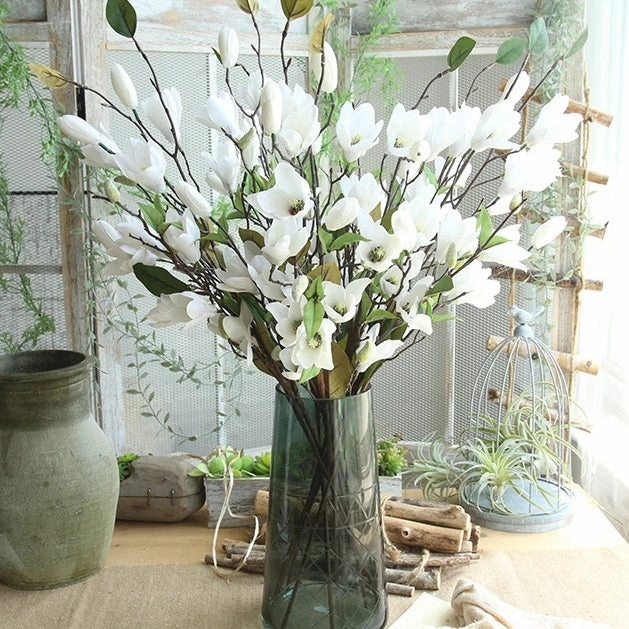 Magnolia 9 Heads Artificial Silk Flower 76cm Stem White MAGNOLIA003