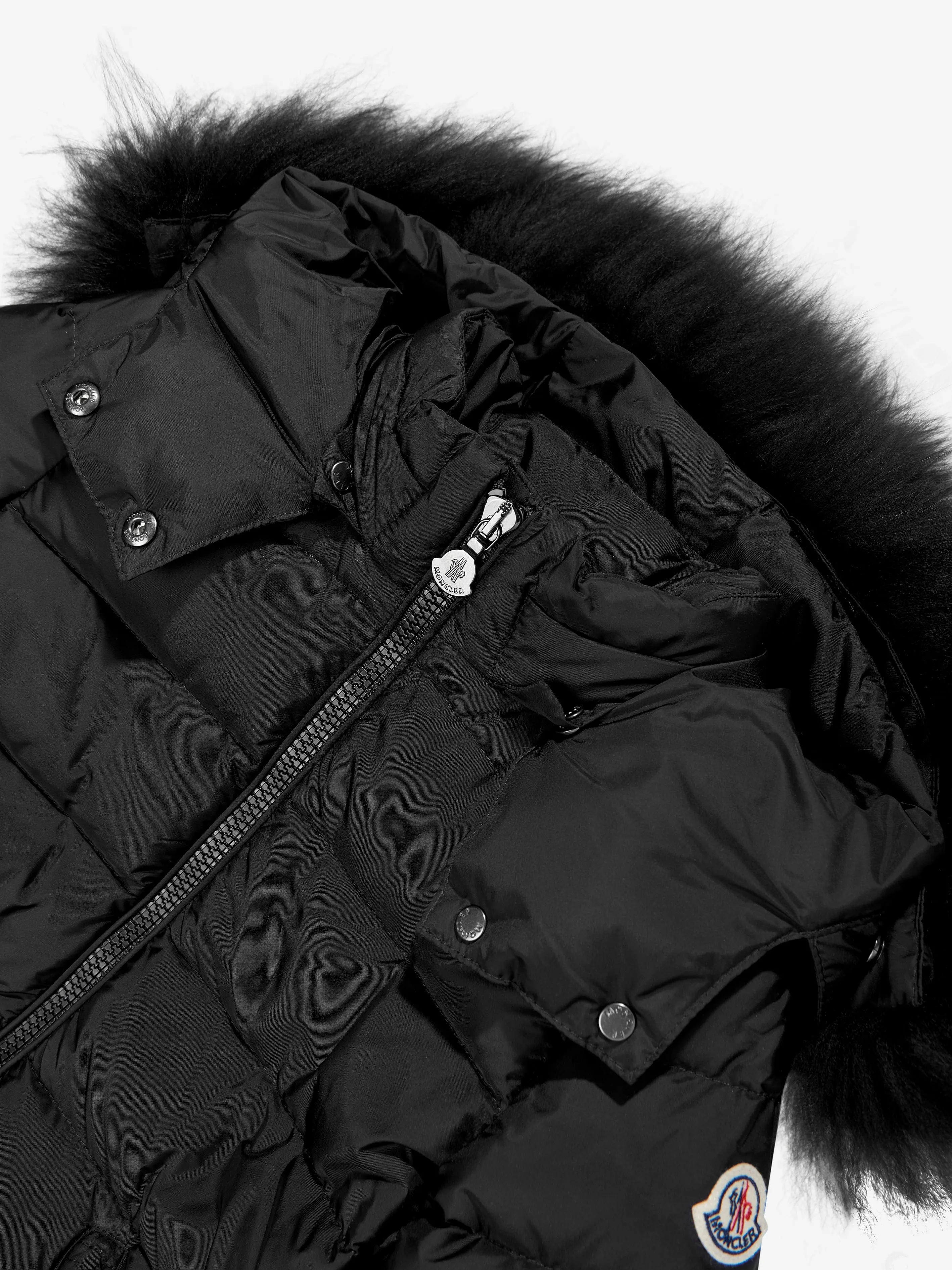 Moncler Enfant Mädchen Abelle Kapuzen-Shearling-Daunenmantel in Schwarz
