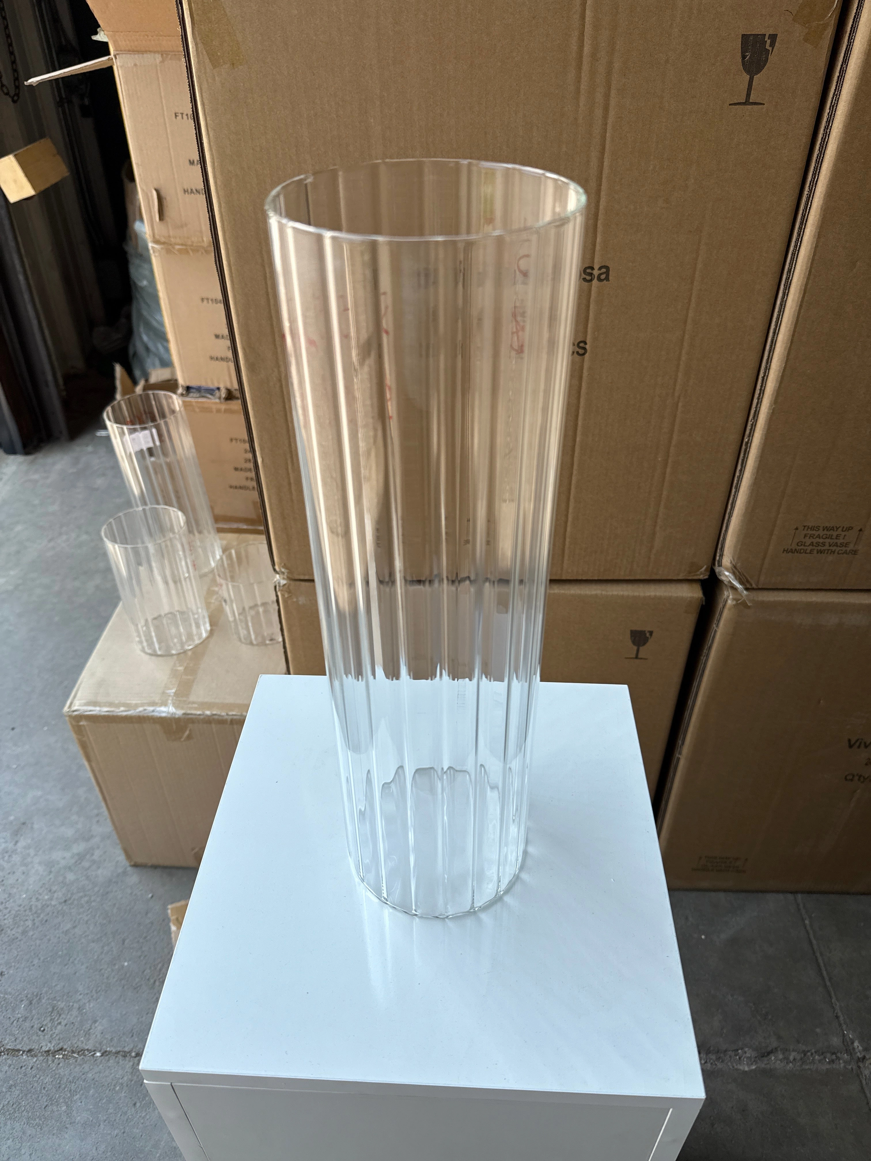 MT5-16 Ribbed Glass 5x16h Cylinder Vase Clear Thin Machine made,aesthetic flower vase