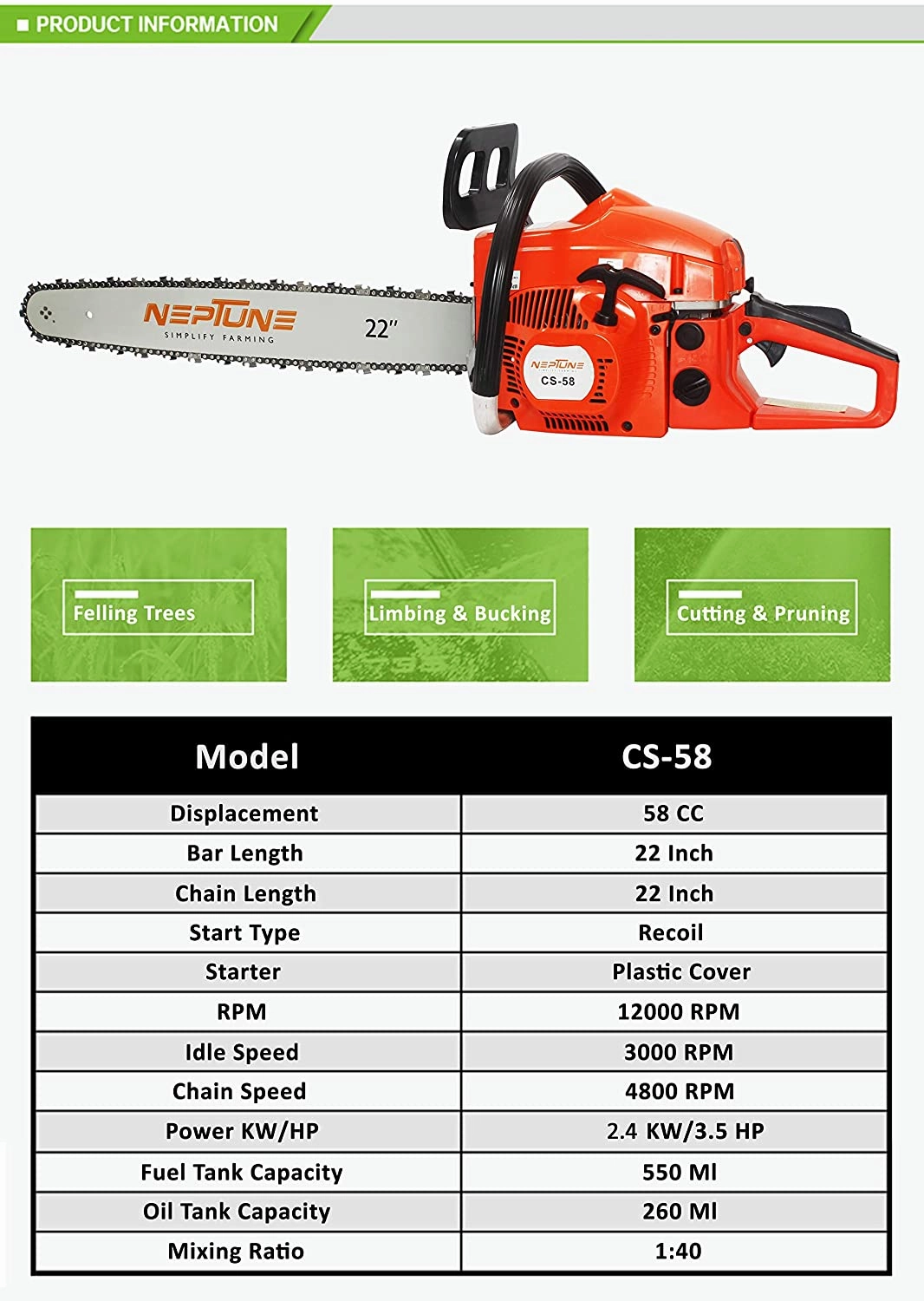 Neptune 2 Stroke Petrol Engine 58CC Chain Saw With 22Inch Cutter Bar CS-58