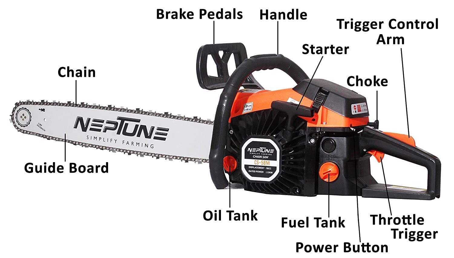 Neptune 2 Stroke Petrol Engine 58CC Chain Saw With 22Inch Cutter Bar CS-58