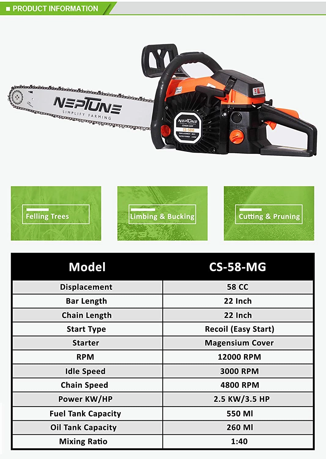 Neptune 2 Stroke Petrol Engine 58CC Chain Saw With 22Inch Cutter Bar CS-58