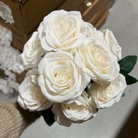 New 9 head Cream Rose realistic flower bouquet  