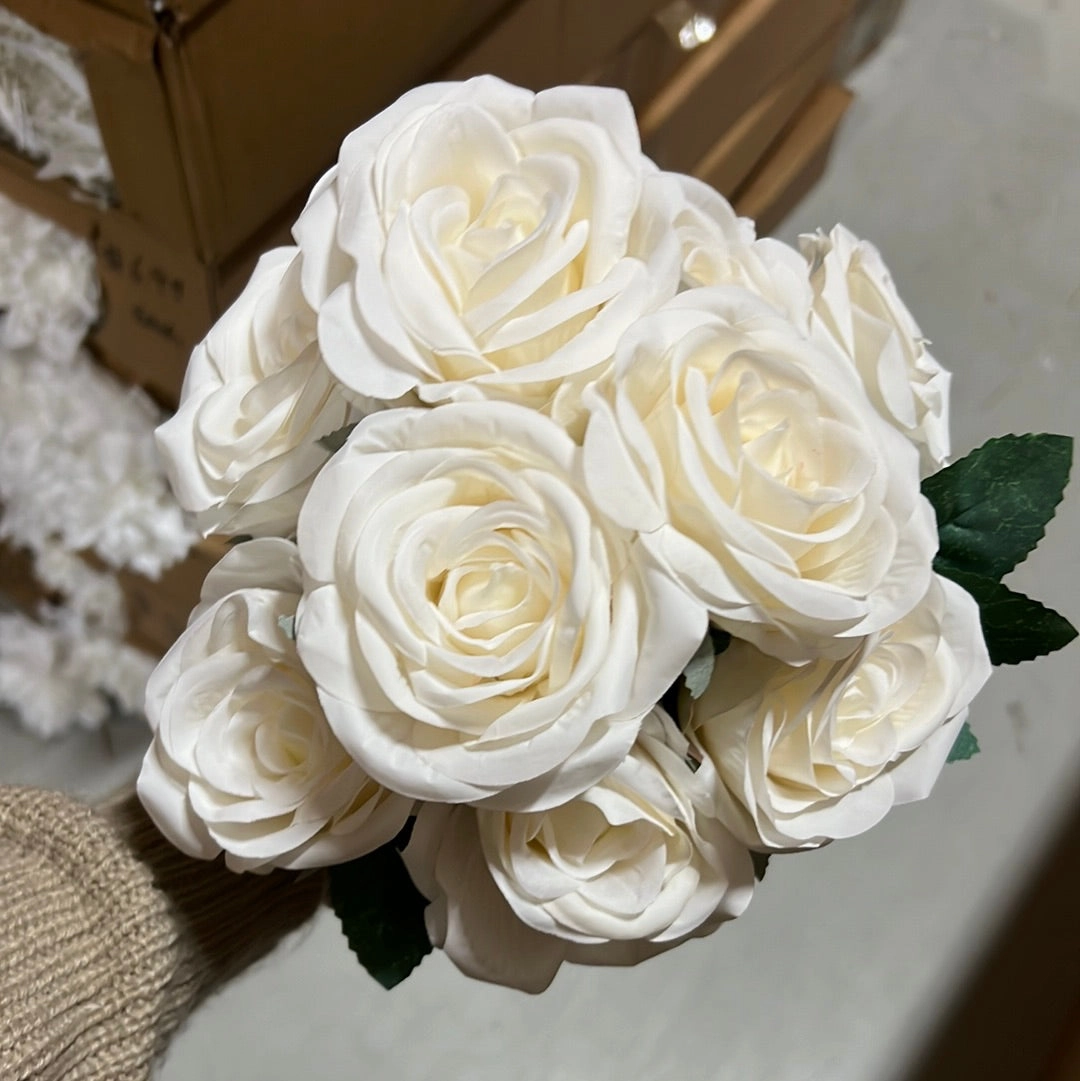 New 9 head Cream Rose realistic flower bouquet  