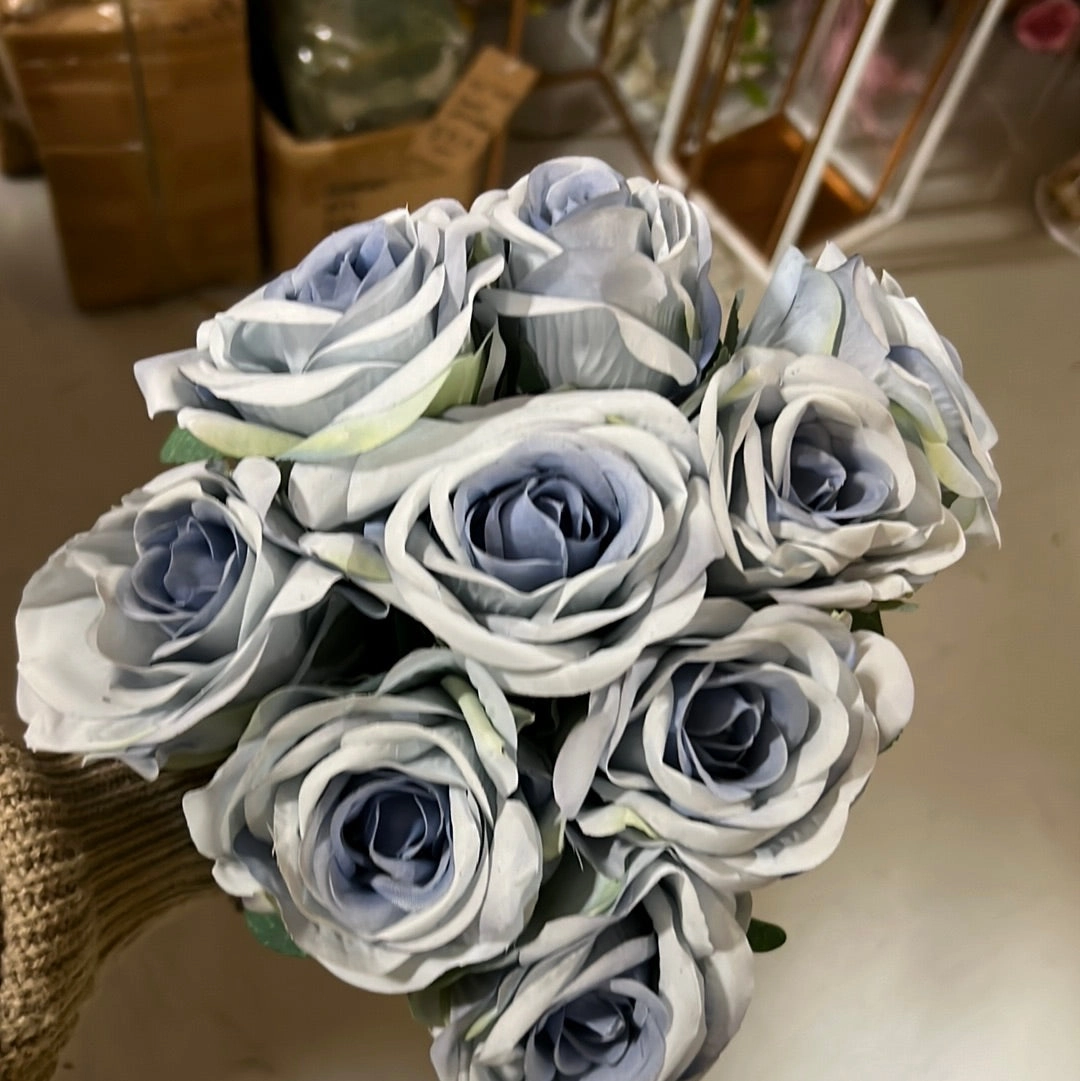 New 9 head mixed blue Rose artificial flower bouquet  