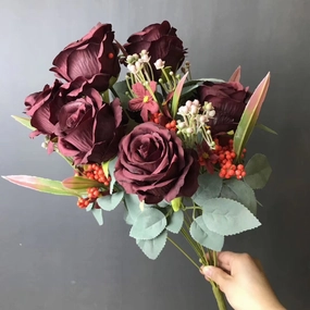 New Burgundy Rose with filler Artificial flower realistic flower bouquet  