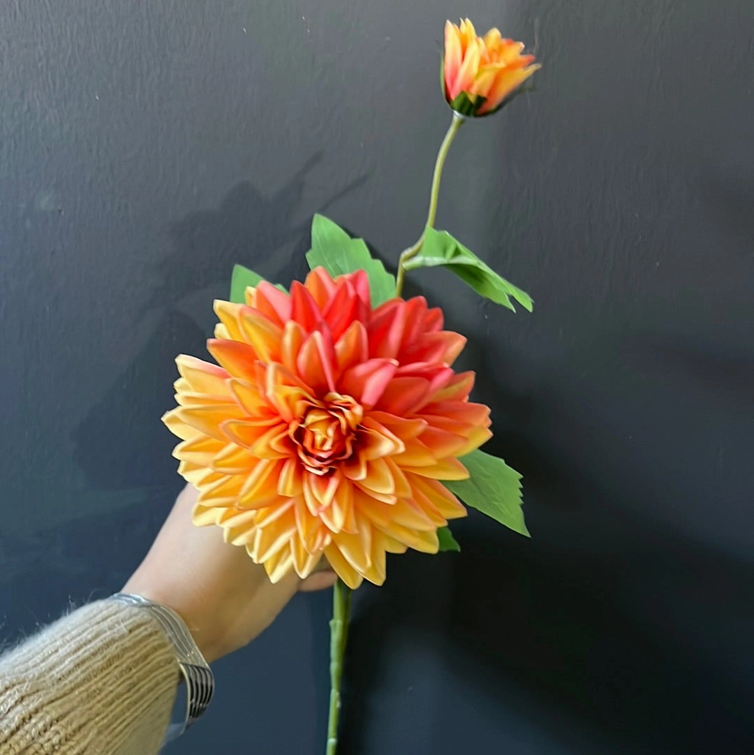 New Orange Dahlia spray(1 head and 1 bud ) artificial flower bouquet  