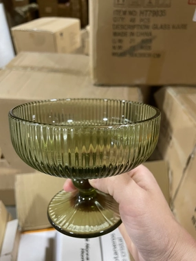 Olive Green Vintage striped coupe cocktail drinking Glass crystal look,aesthetic flower vase