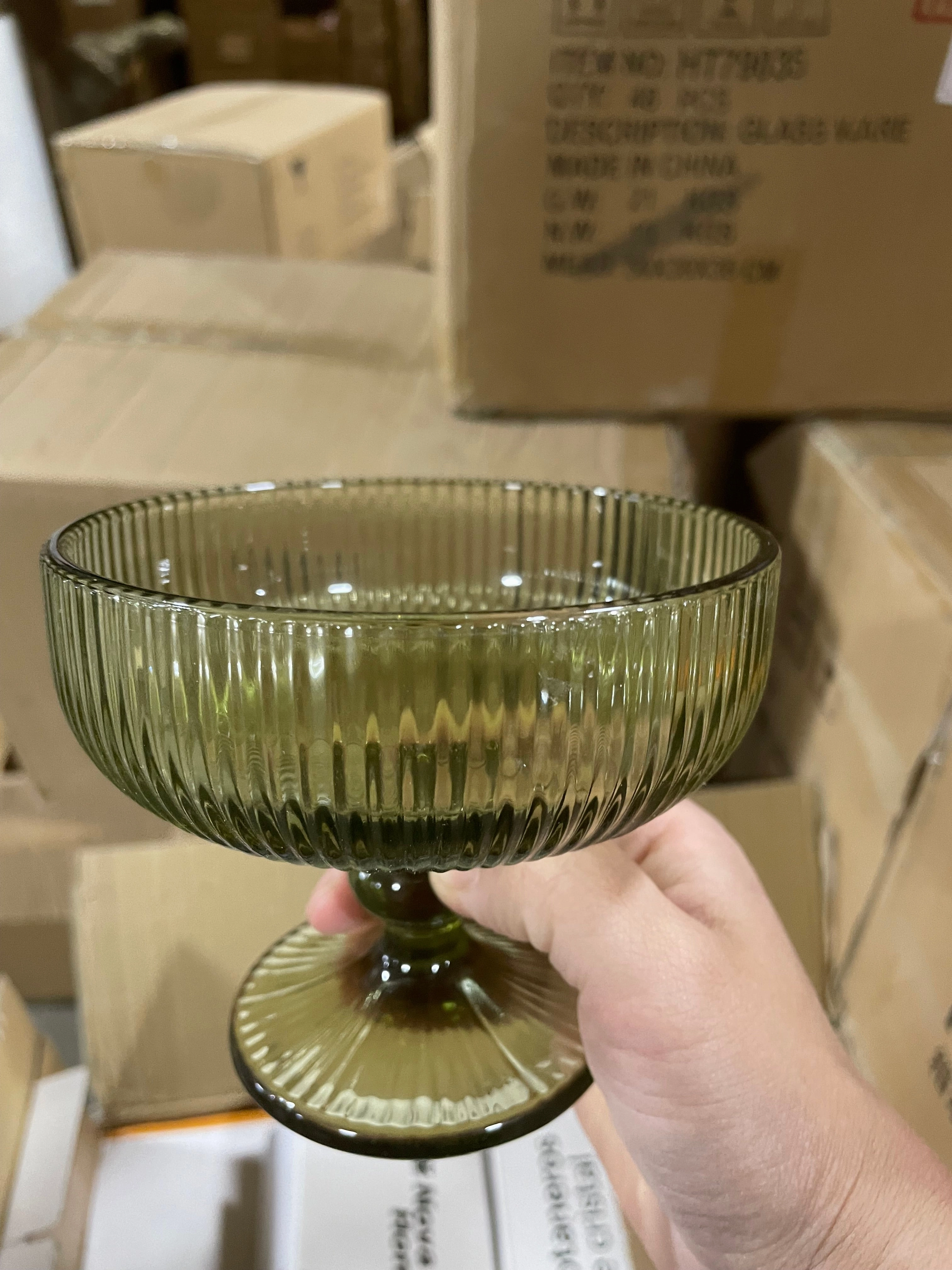 Olive Green Vintage striped coupe cocktail drinking Glass crystal look,aesthetic flower vase