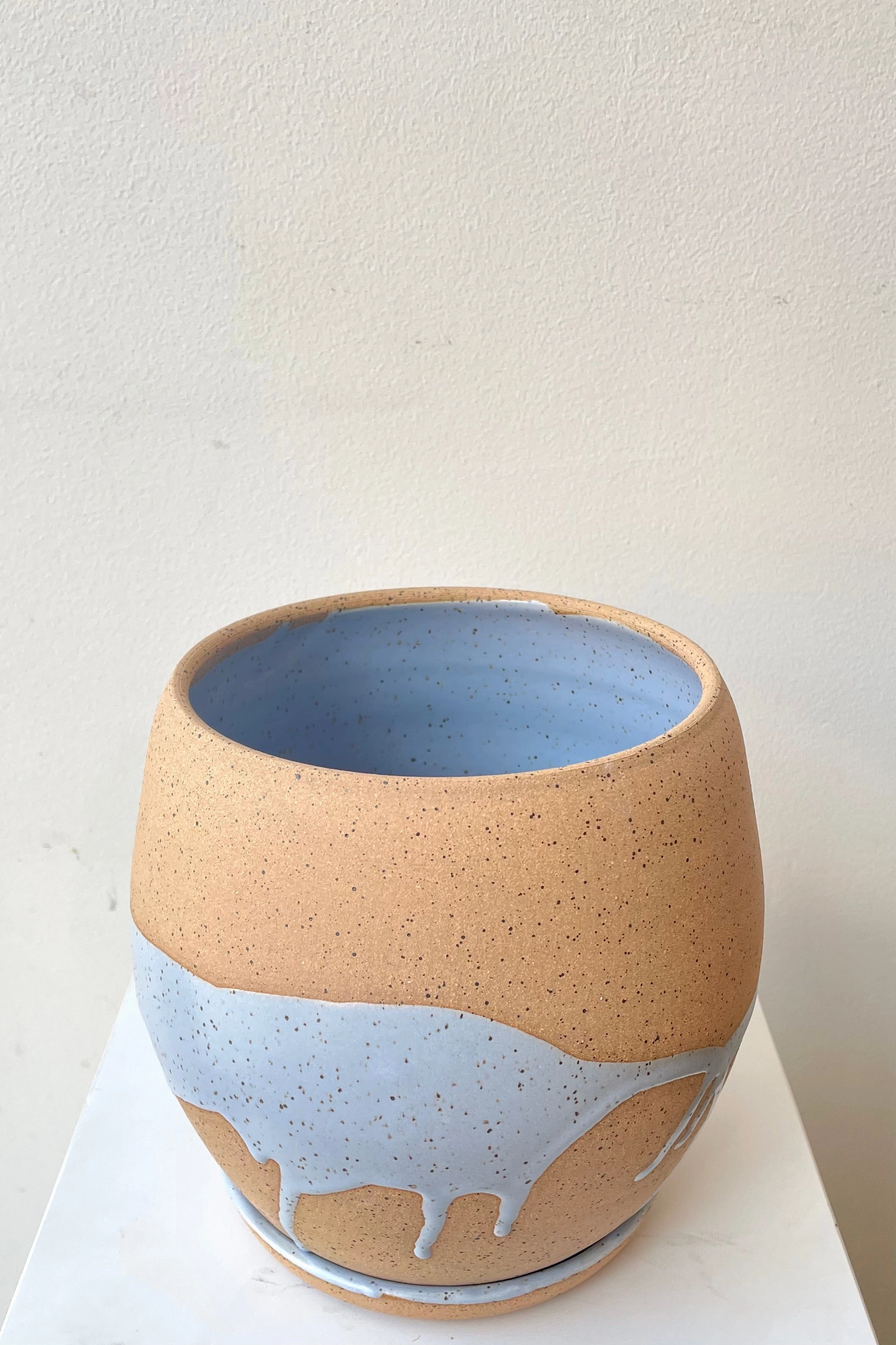 Orb Pot & Saucer Blue Splash Glaze 6.5"