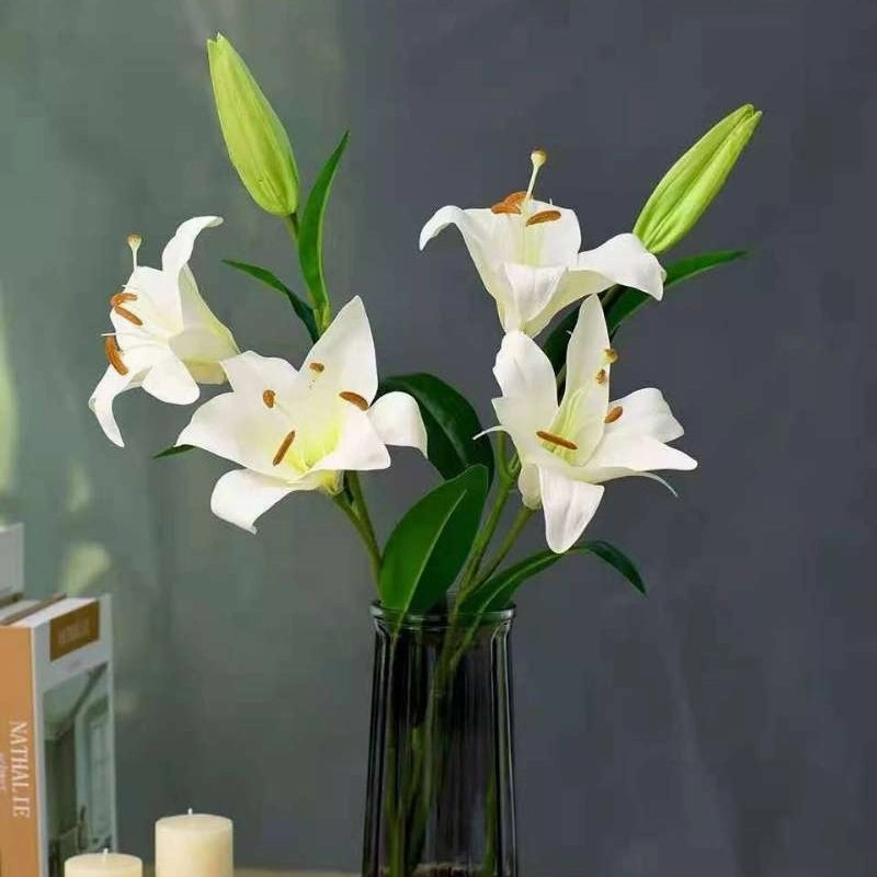 Oriental Lily 3 Heads 3D Printed Artificial Silk Flowers Stem LILY003,dried artificial flower