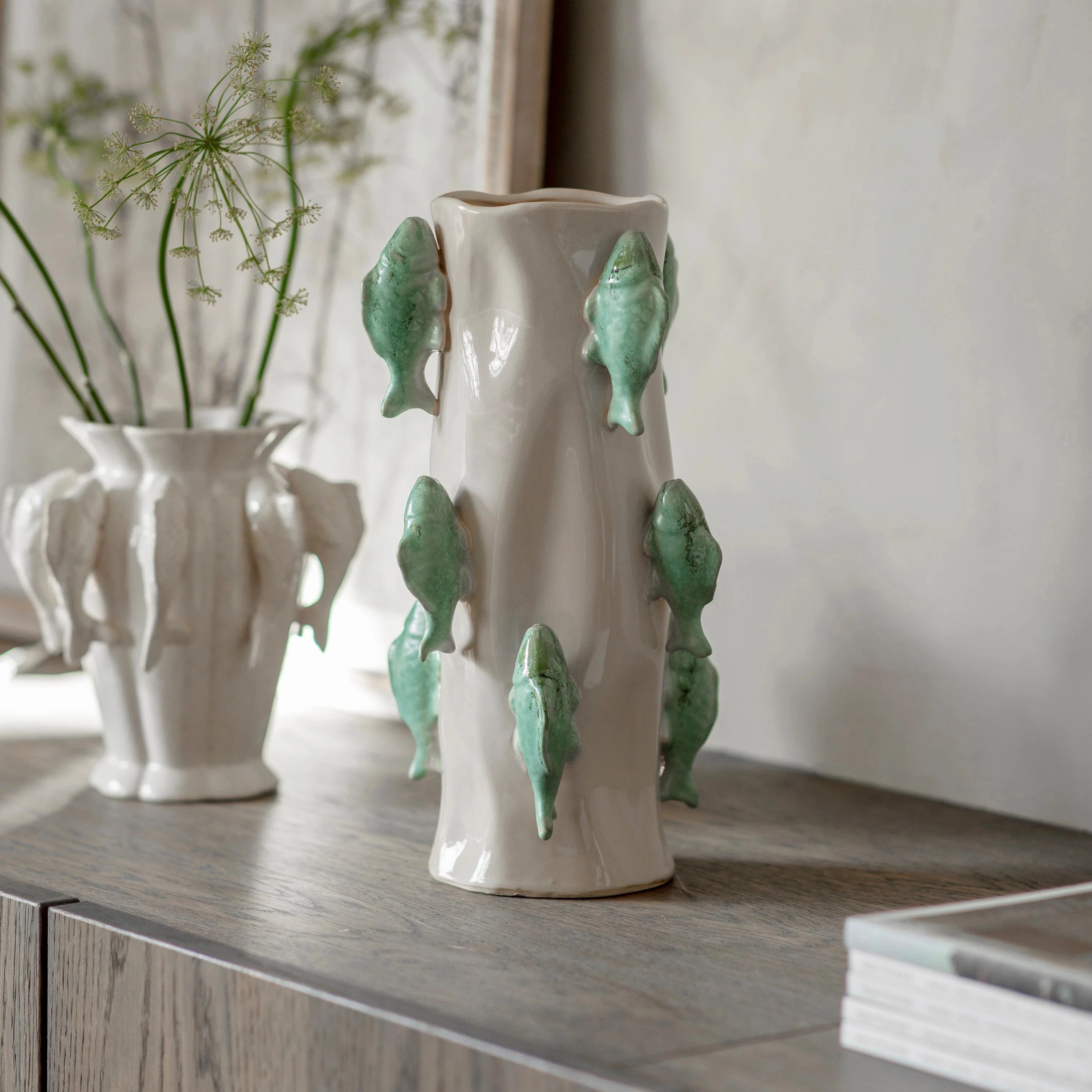 Portloe Teal Swimming Fish Vase 40cm,hand-painted ceramic vase