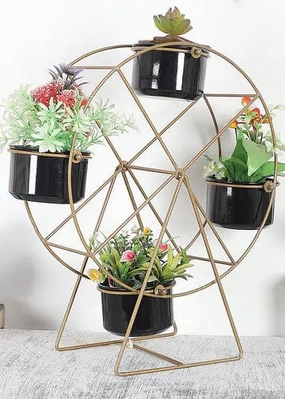 Revolving Wheel Planter Stand (Gold & Black),plant shelf accessories