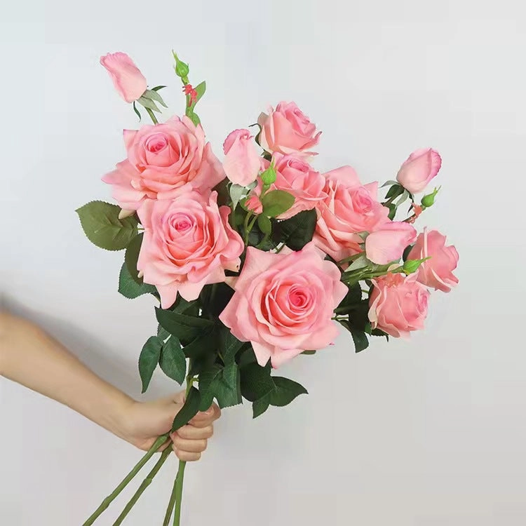 Rose Real Touch 3 Heads Artificial Silk Flower Stem Dark Pink ROSE013