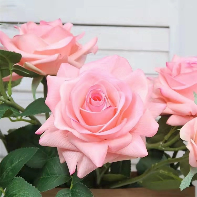 Rose Real Touch 3 Heads Artificial Silk Flower Stem Dark Pink ROSE013