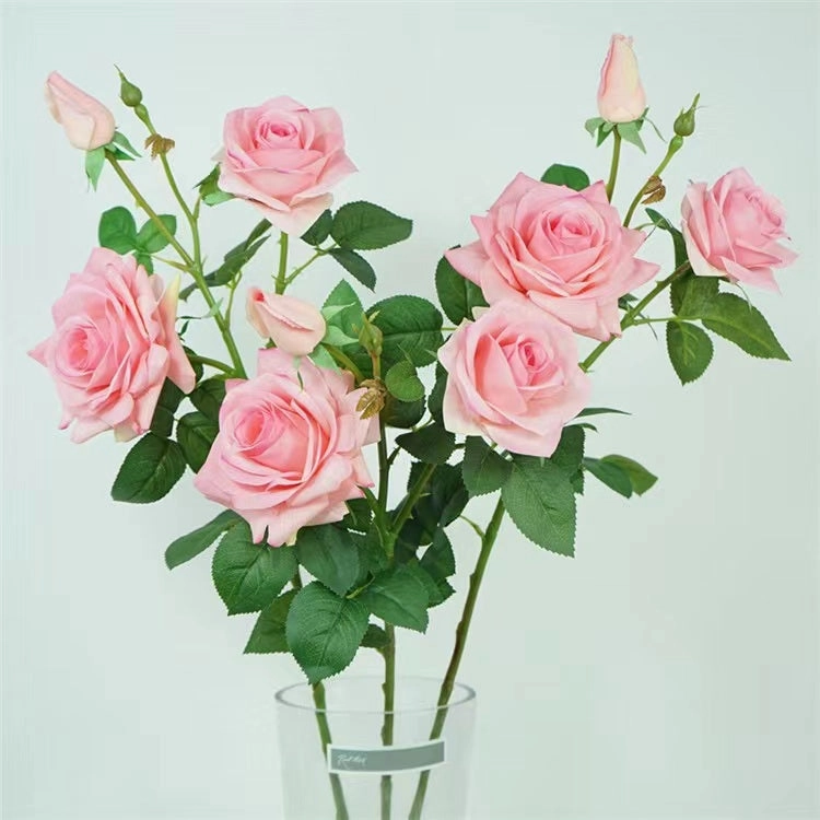 Rose Real Touch 3 Heads Artificial Silk Flower Stem Dark Pink ROSE013