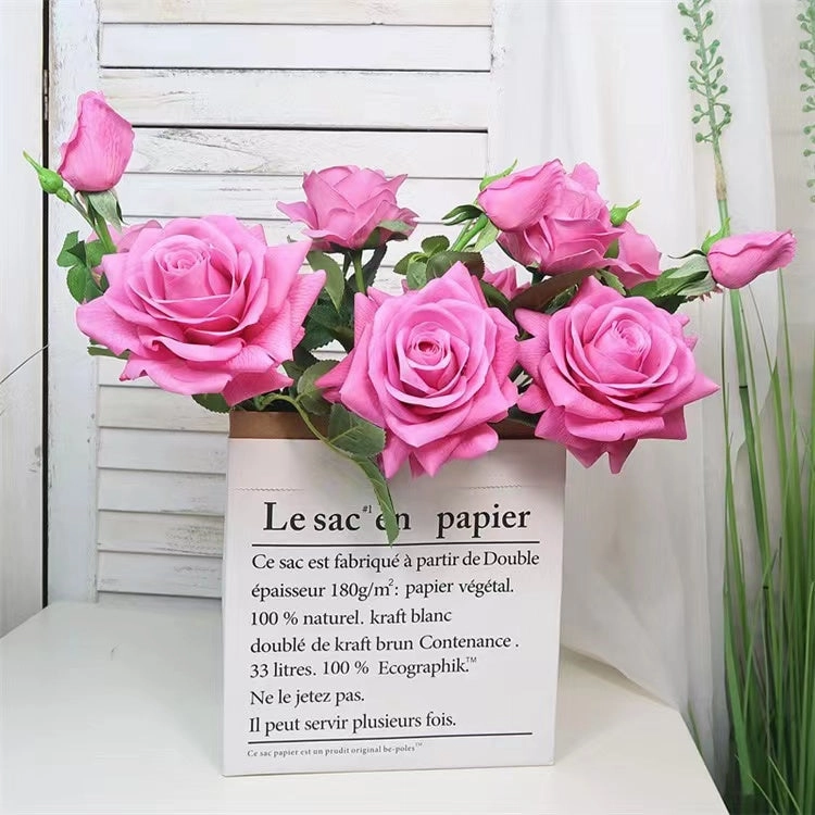 Rose Real Touch 3 Heads Artificial Silk Flower Stem Purple ROSE012