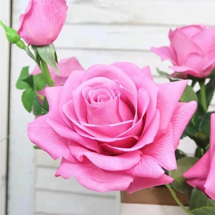 Rose Real Touch 3 Heads Artificial Silk Flower Stem Purple ROSE012