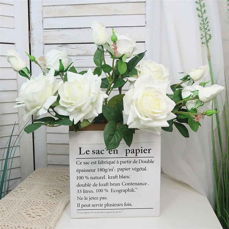 Rose Real Touch 3 Heads Artificial Silk Flower Stem White ROSE008