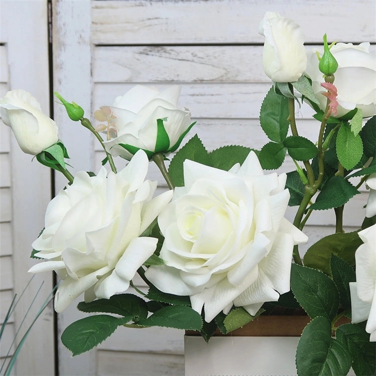 Rose Real Touch 3 Heads Artificial Silk Flower Stem White ROSE008