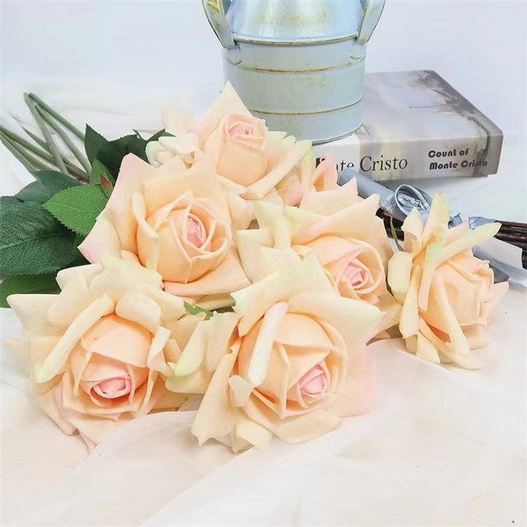 Rose Real Touch Single Head Artificial Silk Flower Stem Champagne ROSE083