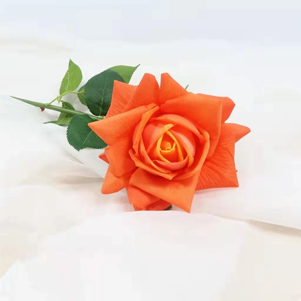 Rose Real Touch Single Head Artificial Silk Flower Stem Orange ROSE021