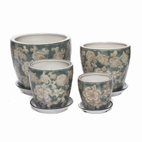 Round Pot with saucer - Olive Floral,terracotta plant pot