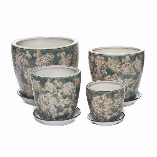 Round Pot with saucer - Olive Floral,terracotta plant pot