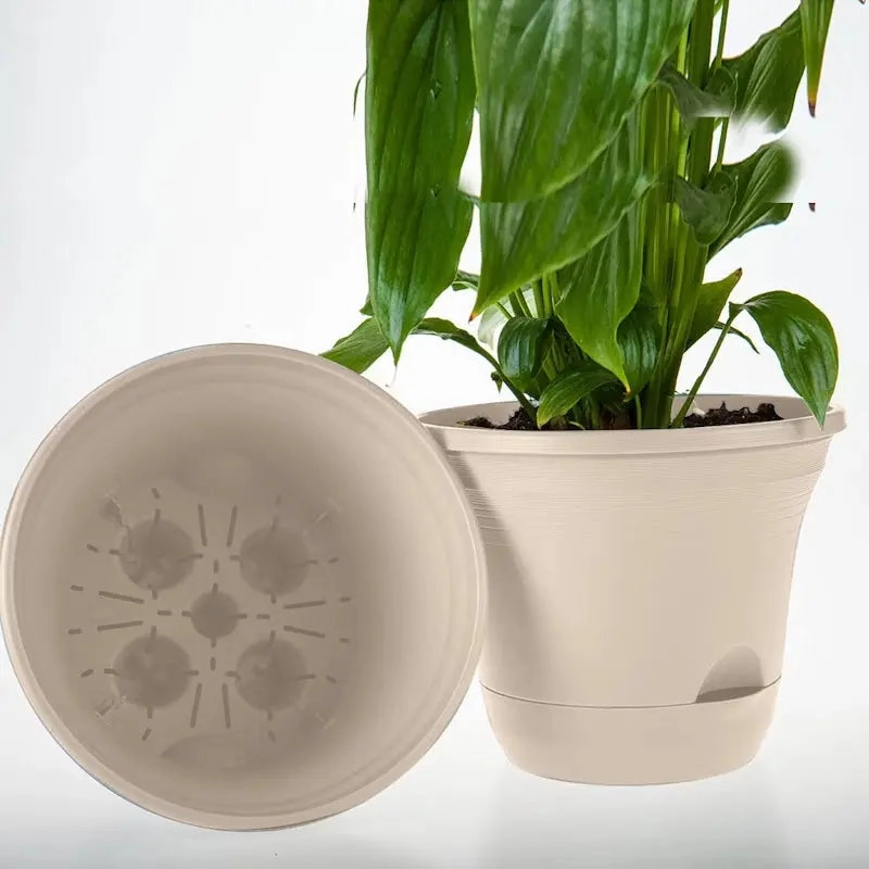 Set of 3 x 19.5 cm Beige Self Watering Plastic Planter for Indoors or Outdoors
