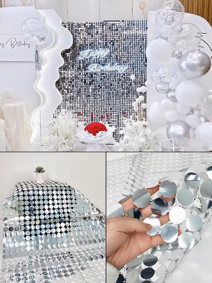 Shiny Sequin Sheet Backdrop silver Mat artificial flower bouquet  