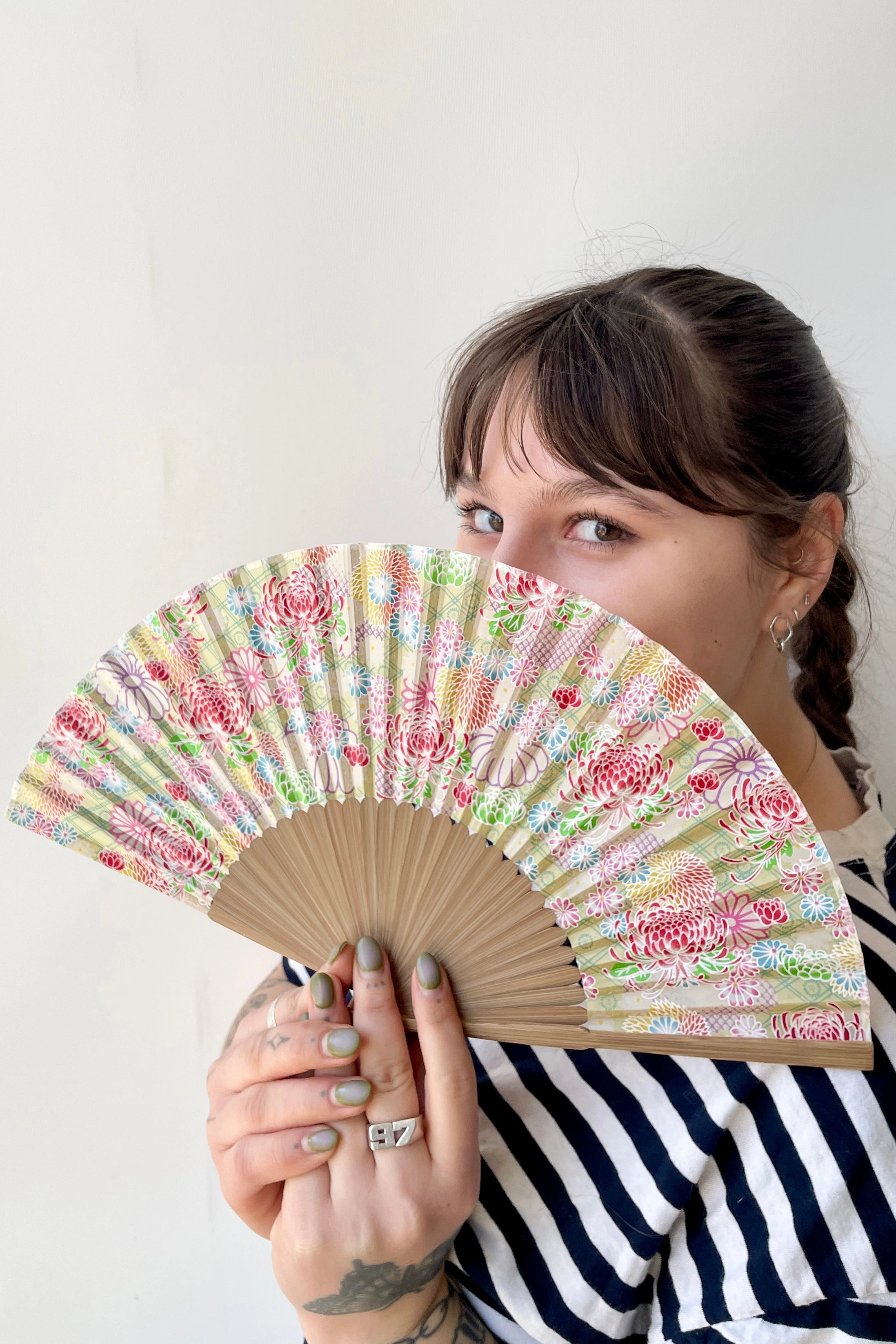 Silk Fan Pale Green with Chrysanthemums