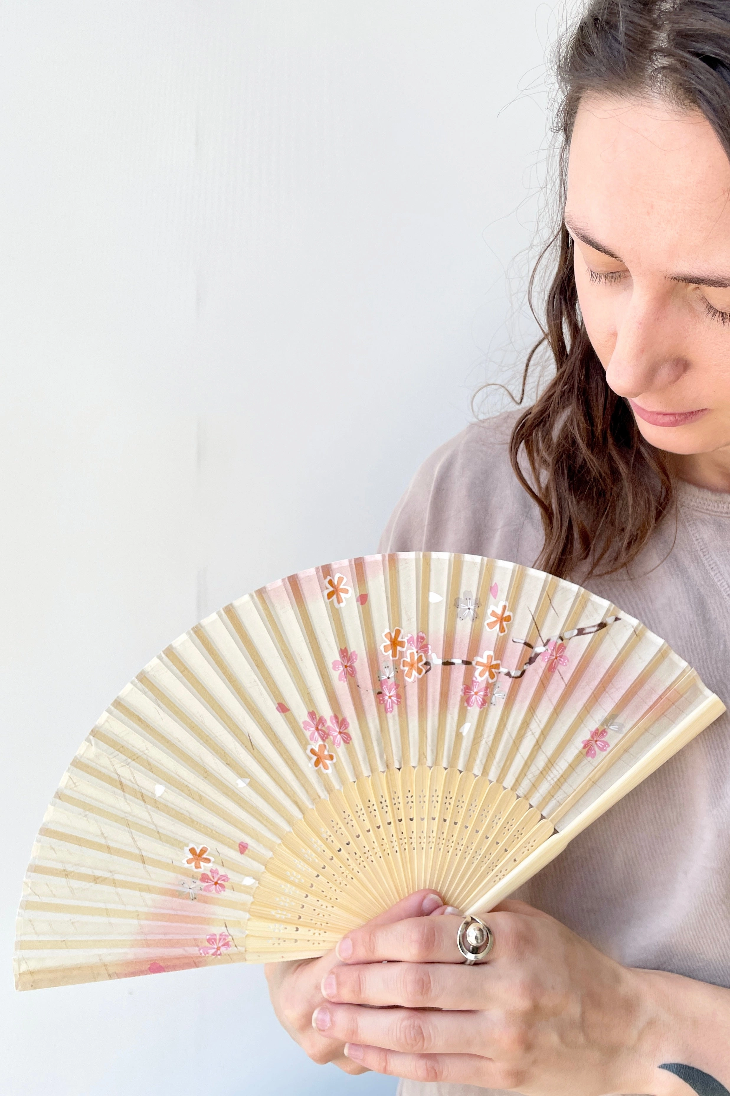 Silk Fan White & Pink Cherry Blossoms