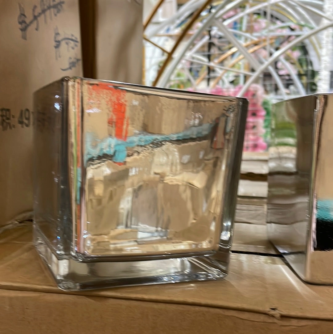 SILVER 5" CUBE solid VASE clear bottom machine made