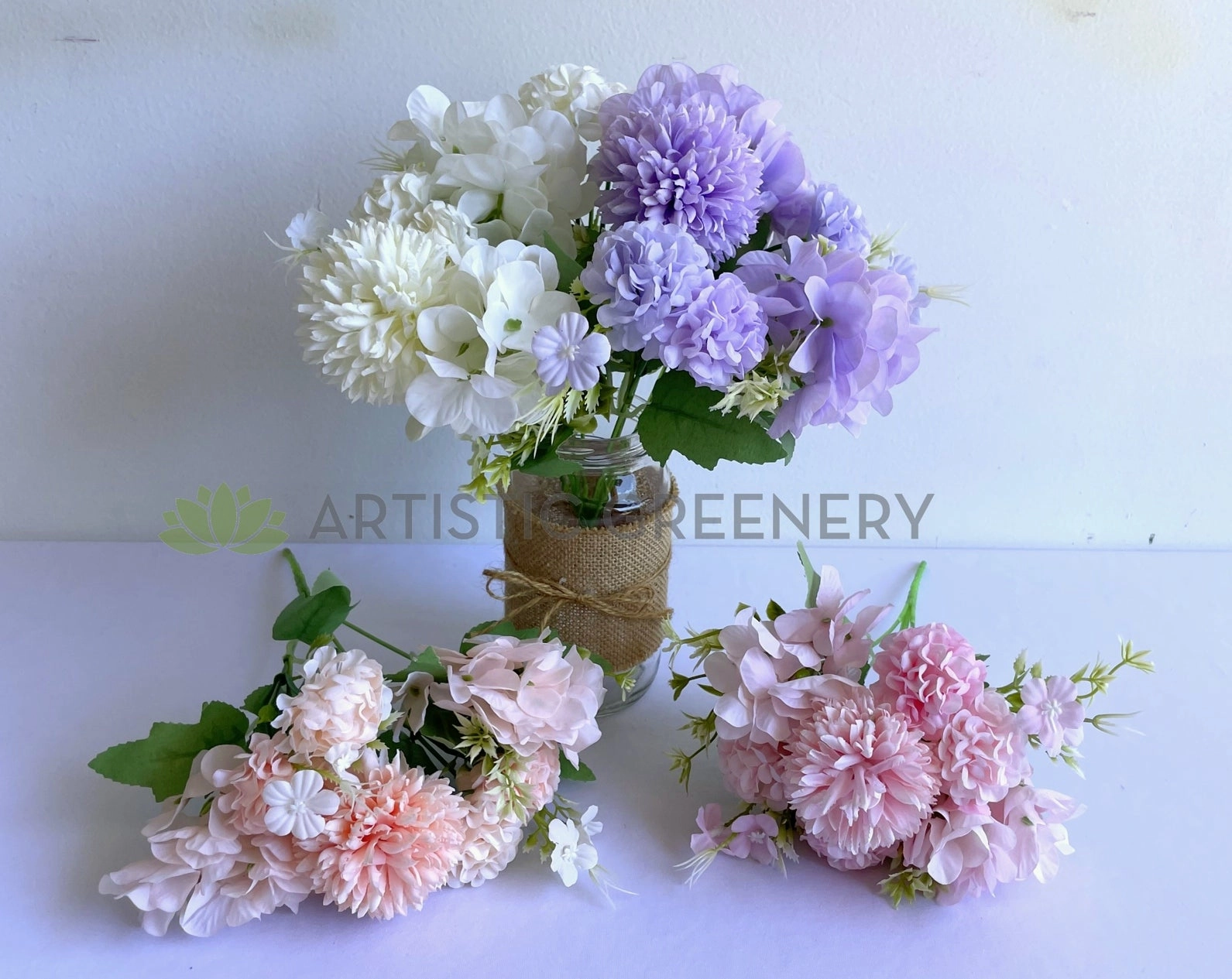 SP0349N Pastel Colour Mixed Flower (Hydrangea & Pom Pom Flowers) Bunch 30cm 4 Colours