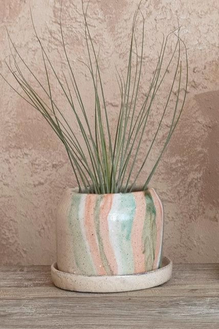 Striped Terracotta Planter & Saucer