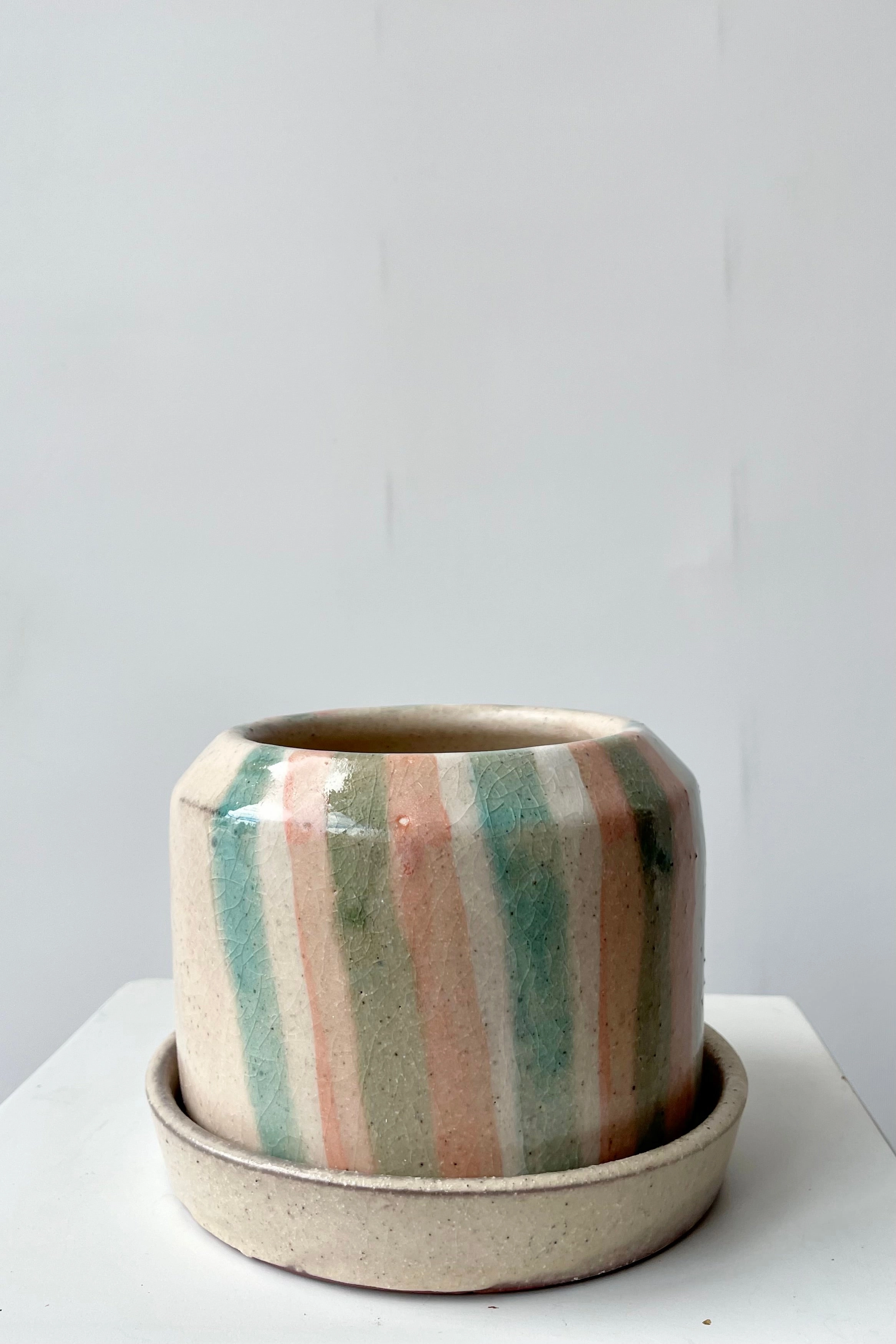 Striped Terracotta Planter & Saucer,indoor flower container